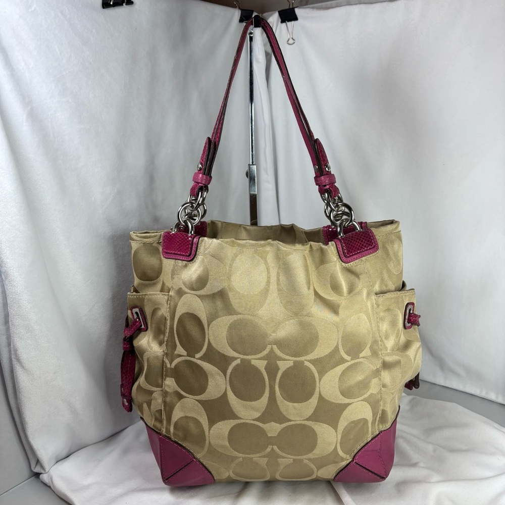 COACH Peyton Signature Khaki/ Fushia Sateen Signature Tote Bag - Picture 6 of 14